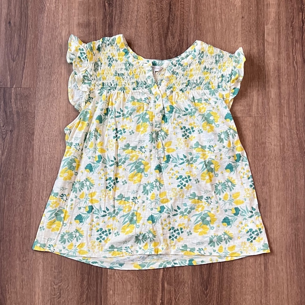 Lucky Brand Lemon Yellow Floral Ruffle Cap Sleeve Top Sz M - Picture 3 of 12